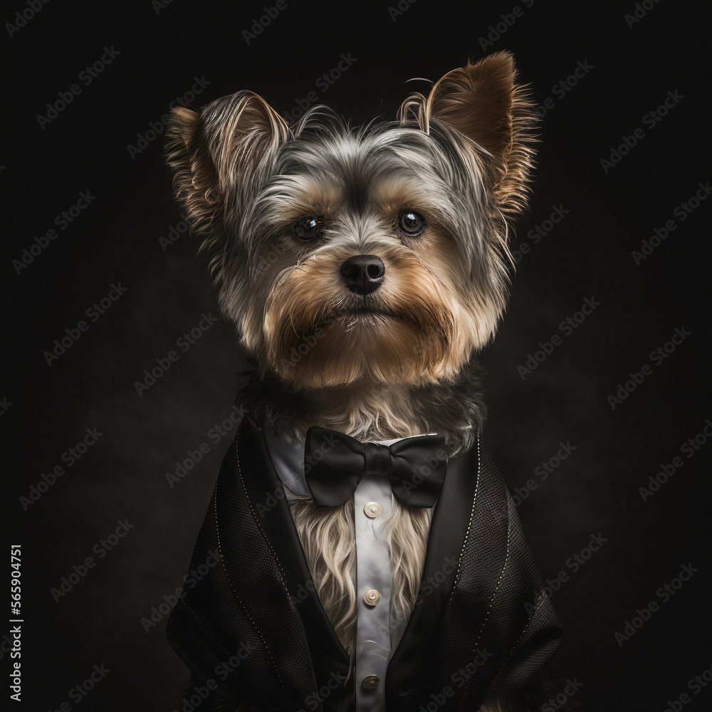 Realistic dog Yorkshire terrier in costume in the studio, portrait generative ai