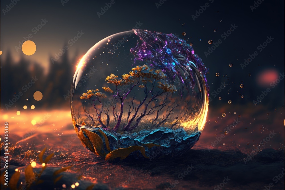 Fantasy landscape with a planet in a glass ball.