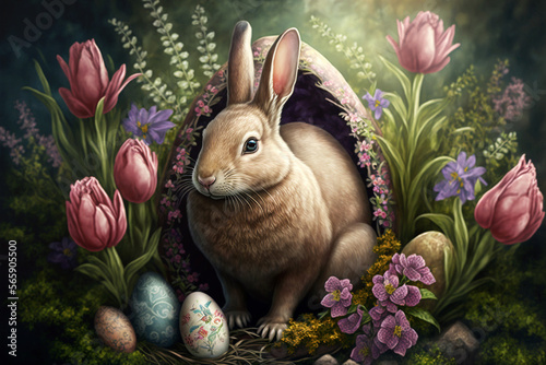 Easter bunny with Easter eggs, created with Generative AI.