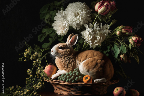 Easter bunny with Easter eggs, created with Generative AI.