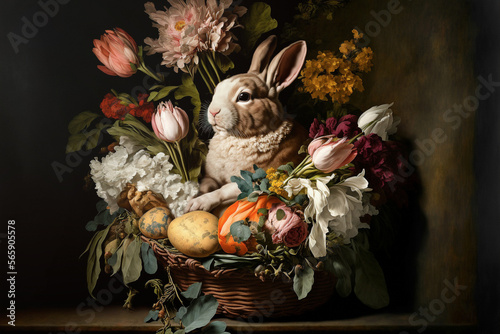 Easter bunny with Easter eggs, created with Generative AI.