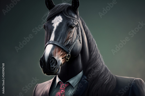 Portrait of a horse in a business suit, at the office, generative ai. AI illustration