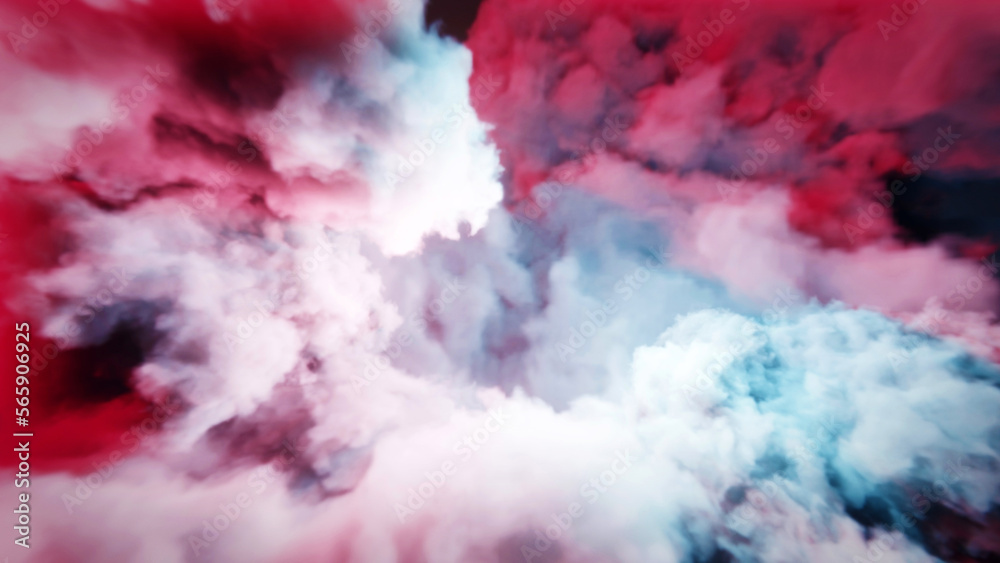 Surreal and ethereal cloudscape in red and blue tones. 3D rendering