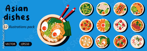 Set of 12 asian dishes. Vietnamese, Japanese, Thai and Chinese cuisine. Various food dishes. Vector flat illustrations pack.