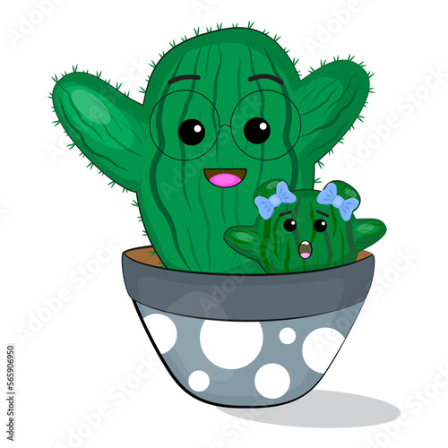 Cute cartoon flat icon with cactus family