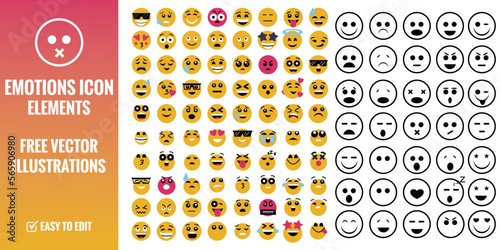 Mega collection of emoticon icons. Cartoon emoji set. Vector emoticon set, outline or line art Emoji set - Vector illustration.