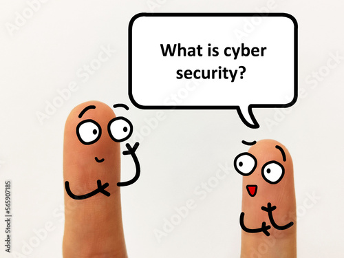 Two fingers are decorated as two person. One of them is asking another what is cyber security.