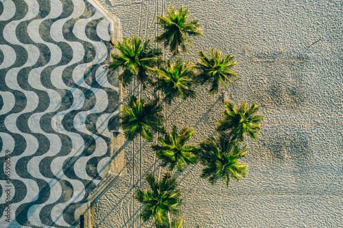 Top View of Copacabana beach with mosaic of sidewalk in Rio de Janeiro. Brazil