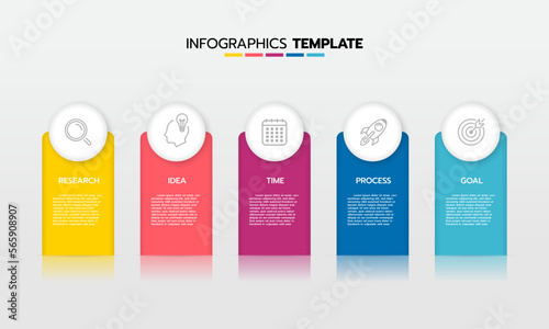 Business infographic template process with simple geometry square, rectangle, circle, triangle, curves in flat design template with thin line icons and 5 options or steps. Vector illustration.