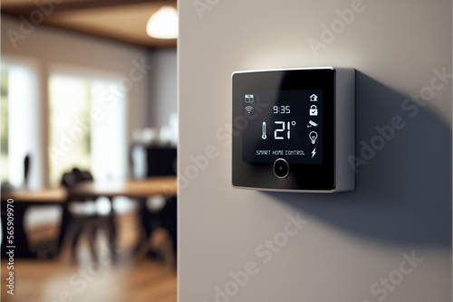 Smart Home control system on the wall. Thermostat for temperature adjustments, saving money on energy costs. AI generated photo