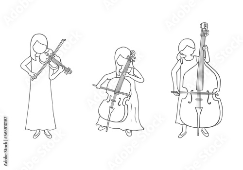 弦楽器を演奏している女性の手描きイラスト（モノクロ線画）