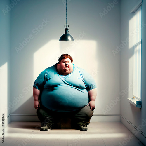 Isolated fat man inside a room. Ai Generative