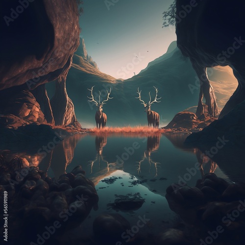 Oniric landscape with mountains and deer, AI Generative. photo