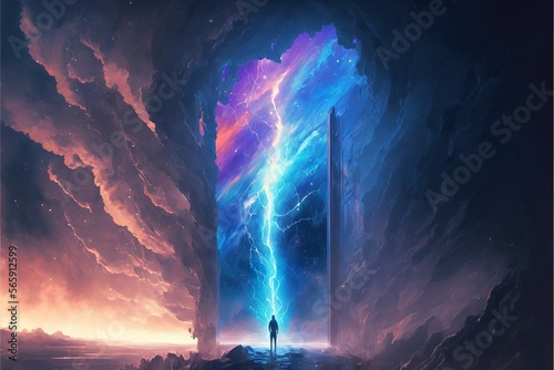 Lucid dreaming Pillar of ligt,lightning sillouete of human vivid illustration generatiev ai
