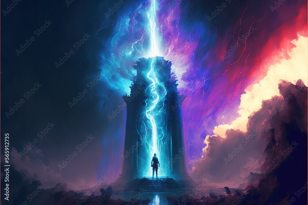 Lucid dreaming Pillar of ligt,lightning sillouete of human vivid illustration generatiev ai
