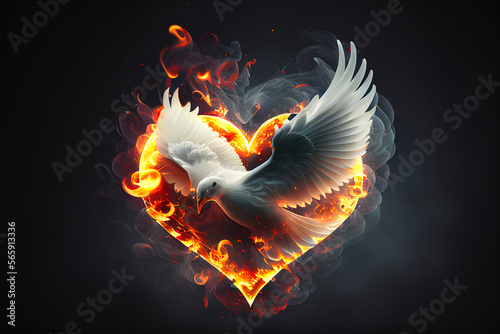 White dove flying from the shape of a heart made of flames, on a dark background. Generative AI
