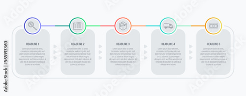 Light Infographics with recurring process. Five steps and colorful elements. Thin line vector icons. Data graphs for flow charts, presentations and UI