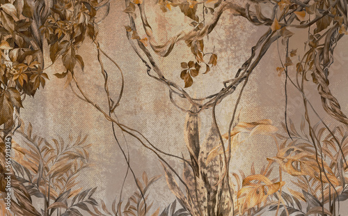 Tropics vintage on a texture background, art drawing, photo wallpaper