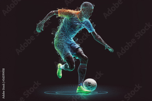 Naklejka A futuristic young male soccer player hologram playing with a soccer ball. Generative ai