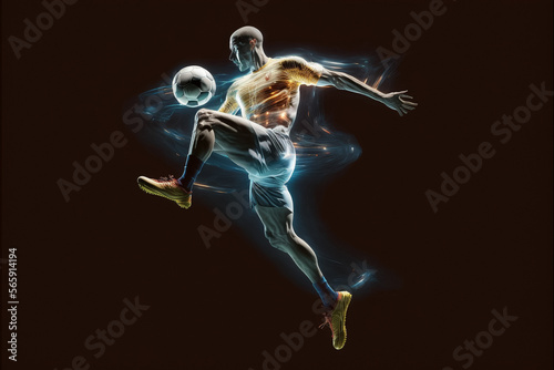 A futuristic young male soccer player hologram playing with a soccer ball. Generative ai