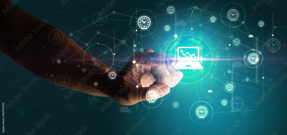 Businessman hand pressing stock graphic information on multitouch screen Businessman hand pressing stock graphic information on multitouch screen