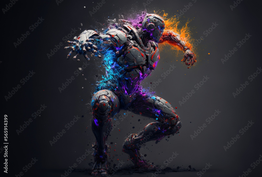 Fototapeta premium Ecstatic dance of a cyborg with splash of colours. Artificial Intelligence and creative expression concept. Generative AI