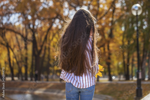 Brunette female hair back view - against the background of an autumn park