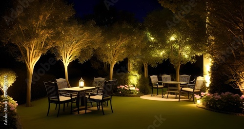 Beautiful garden with modern furniture with candles and lanterns, lights, night time