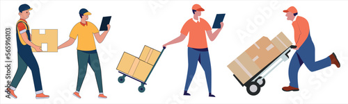 warehouse delivery man vector set, online order tracking, and home delivery from the office.