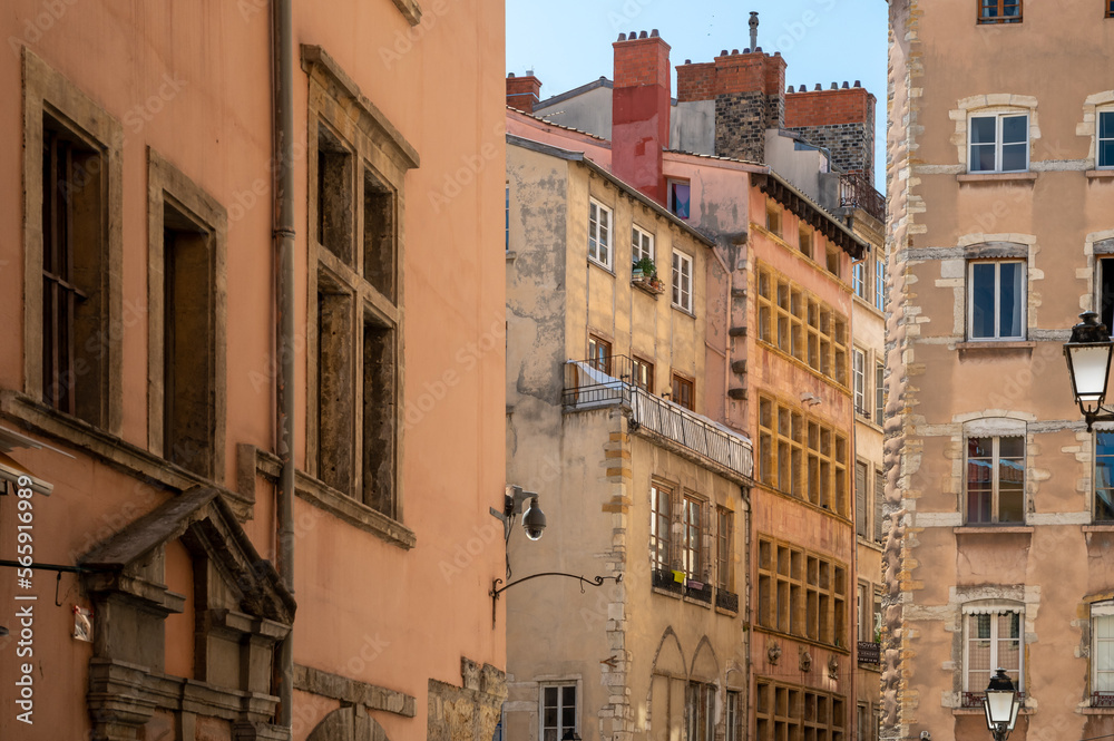 Tourist destination, views of houses in old central part of Lyon in summer, France