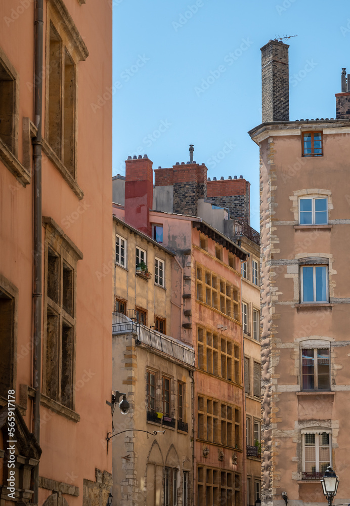 Tourist destination, views of houses in old central part of Lyon in summer, France