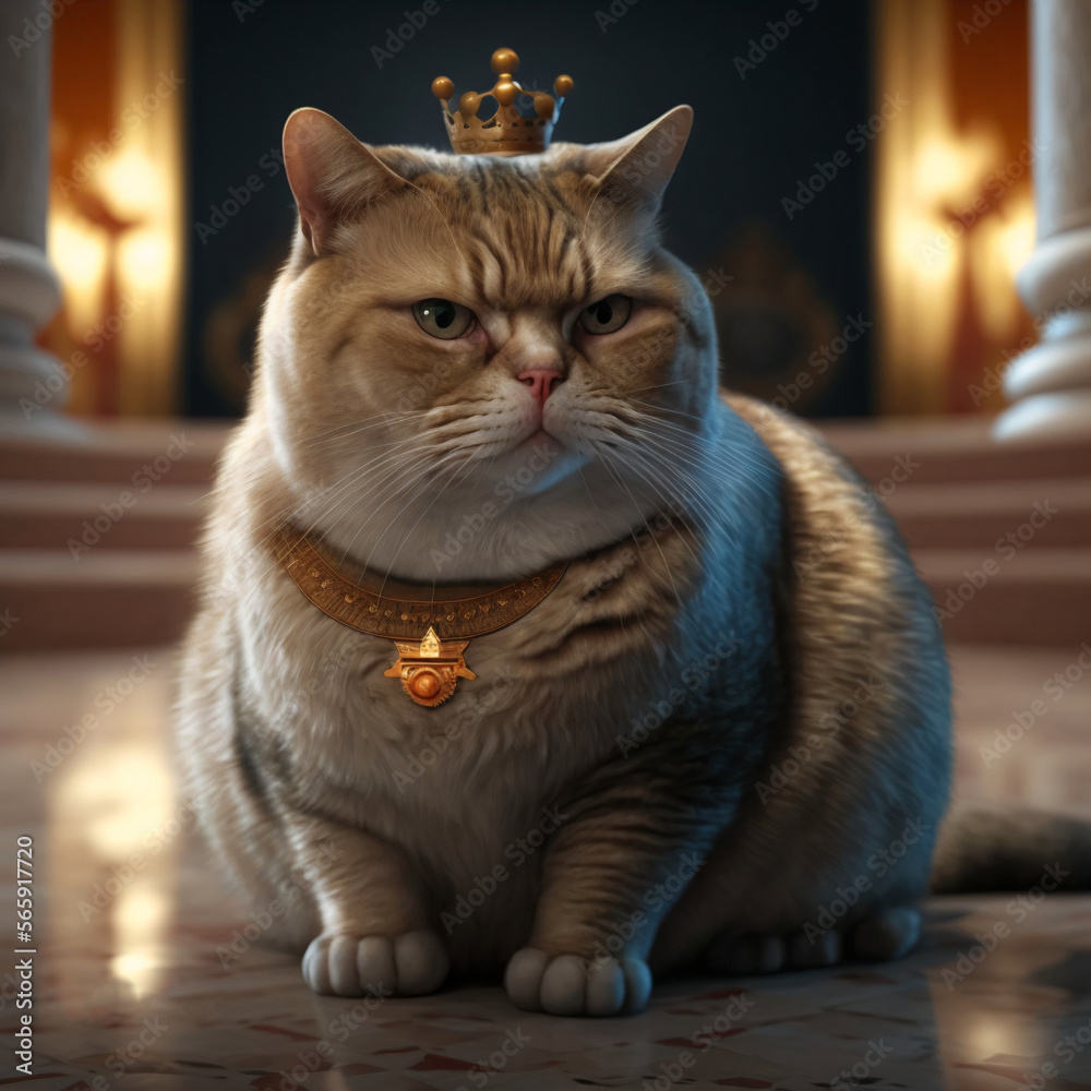 Realistic fat cat in the crown president, portrait generative ai