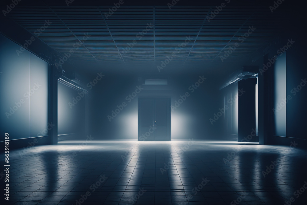 Dark empty large room, dim light, blue tint, mist, background
