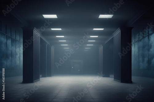Dark empty large room, dim light, blue tint, mist, background