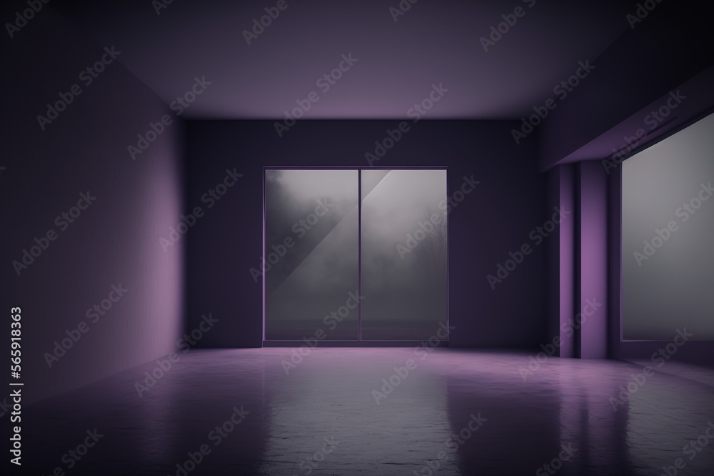 Dark empty large room, dim light, purple tint, mist, background Dark empty large room, dim light, purple tint, mist, background