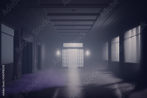 Dark empty large room, dim light, purple tint, mist, background