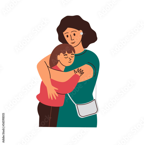 Warm family hugs. A woman hugs her daughter.