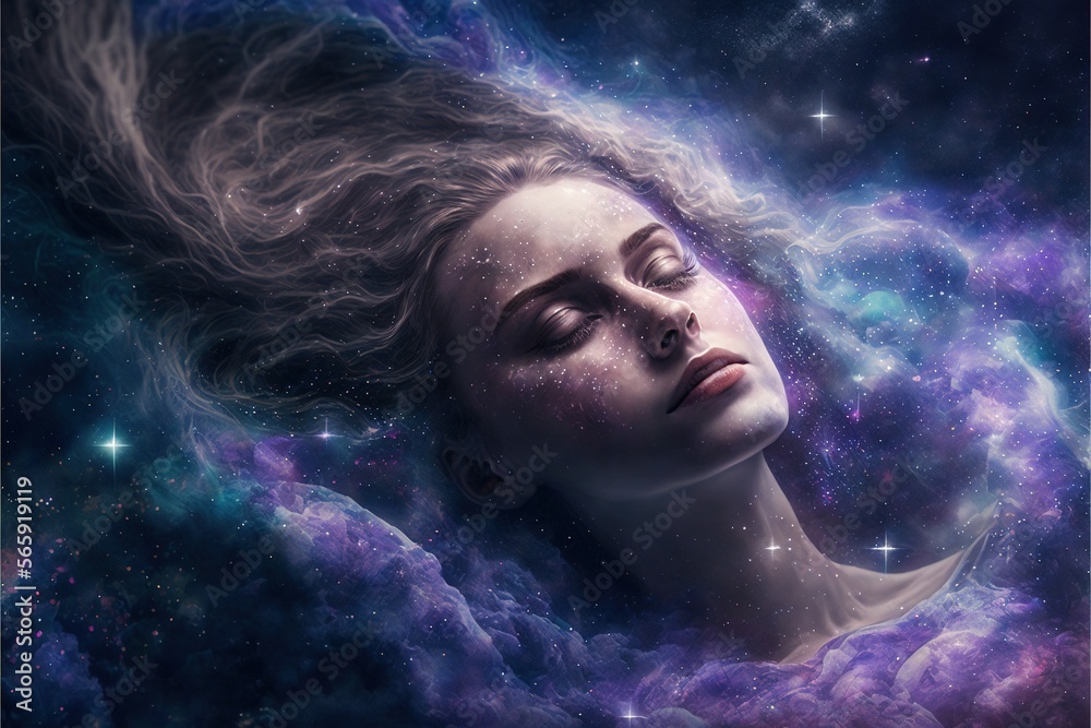 Illustrazione Stock Lucid dreaming astral projection close up woman  meditation illustration generative ai | Adobe Stock