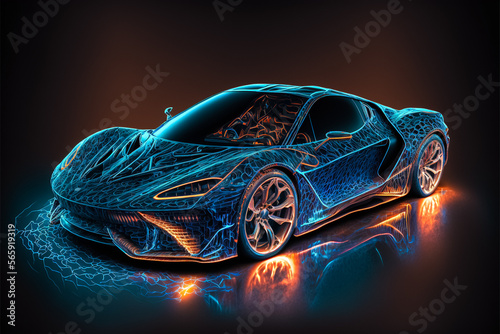 A sports car design view as a hologram. Generative ai