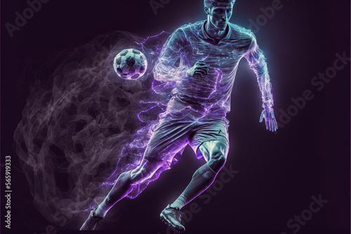 A futuristic young male soccer player hologram playing with a soccer ball. Generative ai