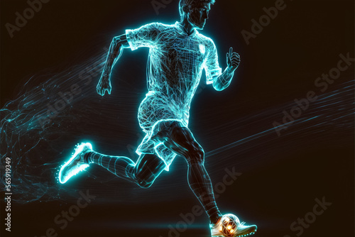 A futuristic young male soccer player hologram playing with a soccer ball. Generative ai