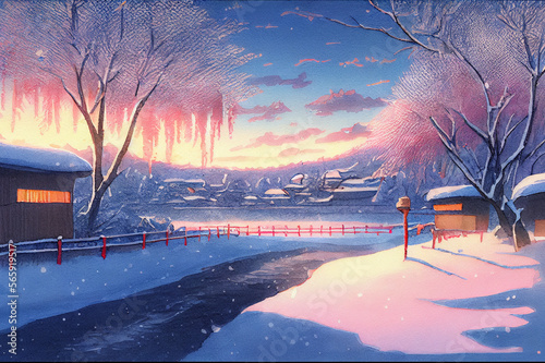 A beautiful winter scene, with a blanket of snow covering the landscape, illustration