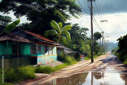Panama landscape with road to jingle. Generative AI Art. Abandoned shop near road.