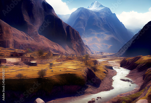 Peru landscape with river and high mountains on background. Generative AI Art. Beautiful view.
