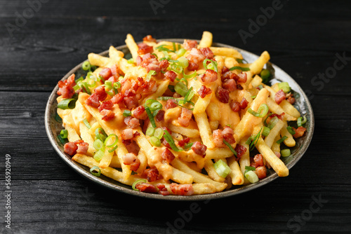 Photography Crispy French fries loaded with bacon, cheese sauce and spring onion