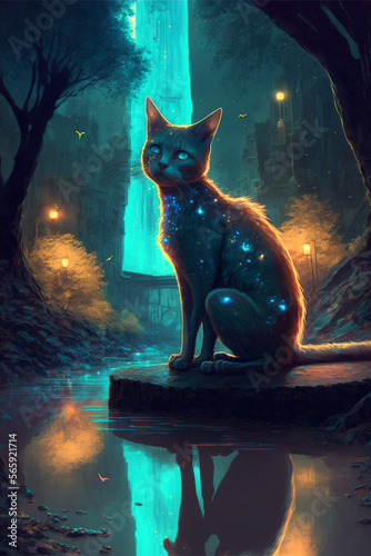 A Cyberpunk Cat sitting on the side of a river with a waterfall behind her  generative ai