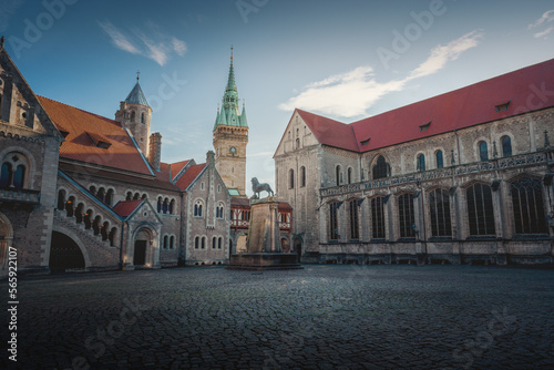 Burgplatz (Castle Square) with Dankwarderode Castle, Brunswick Lion and Town Hall Tower - Braunschweig, Lower Saxony, Germany photo