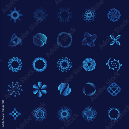 Vector set of abstract geometric shapes on blue background. Modern simple different zigzags, stars, curves, lines, triangles, circles, icons, elements for logo