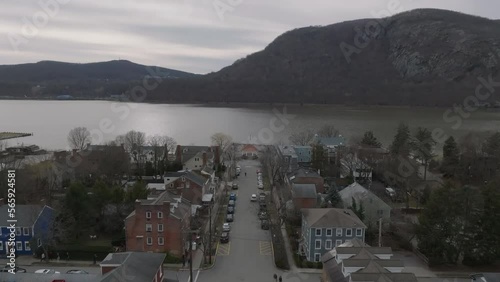 flying over Main St. in Cold Spring NY towards pier and gazebo