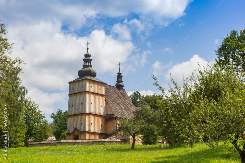 Traditional wooden church in a park in Nowy Sacz, Poland
